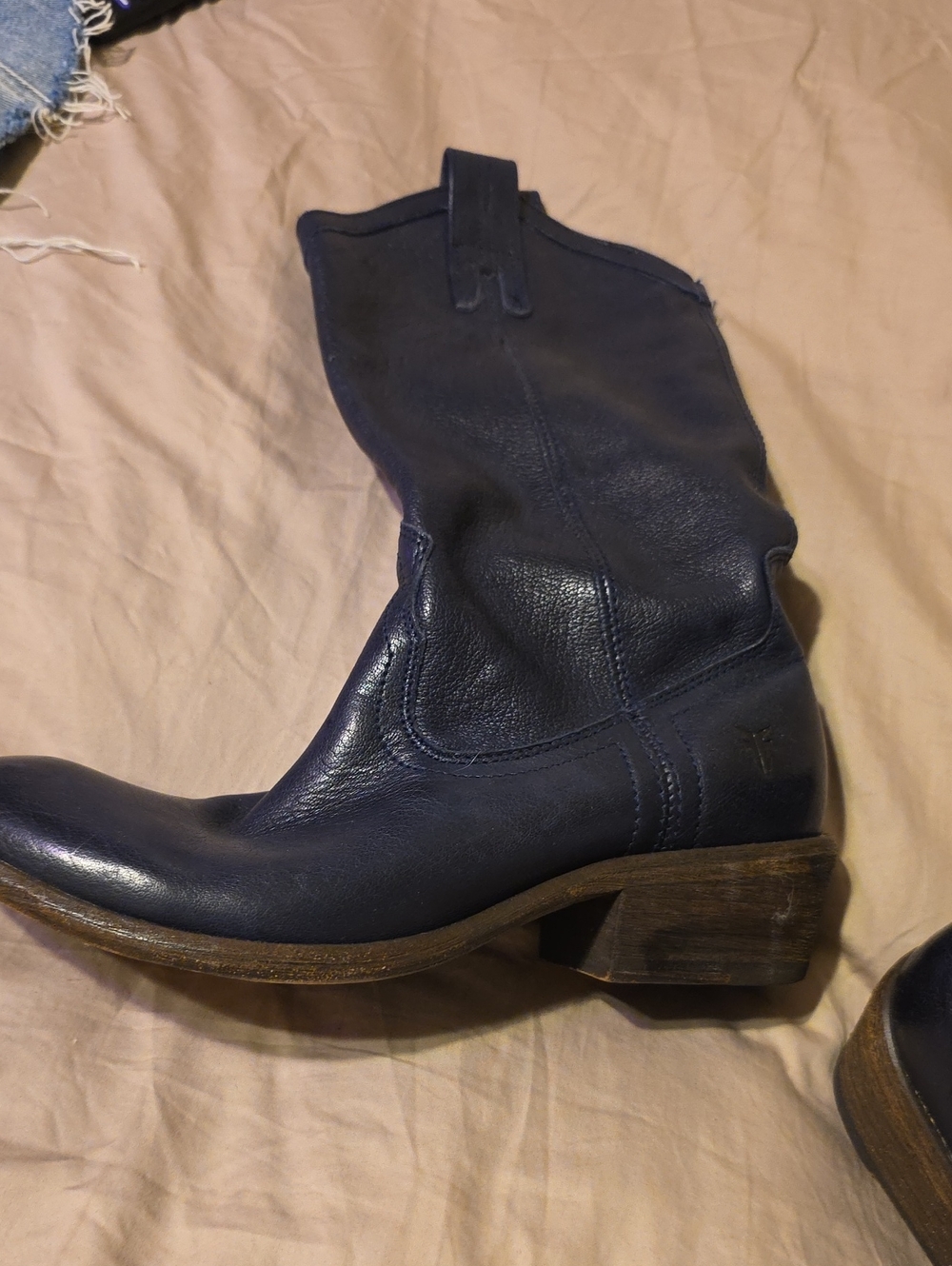 Frye Navy Leather Mid-Calf Western Boot